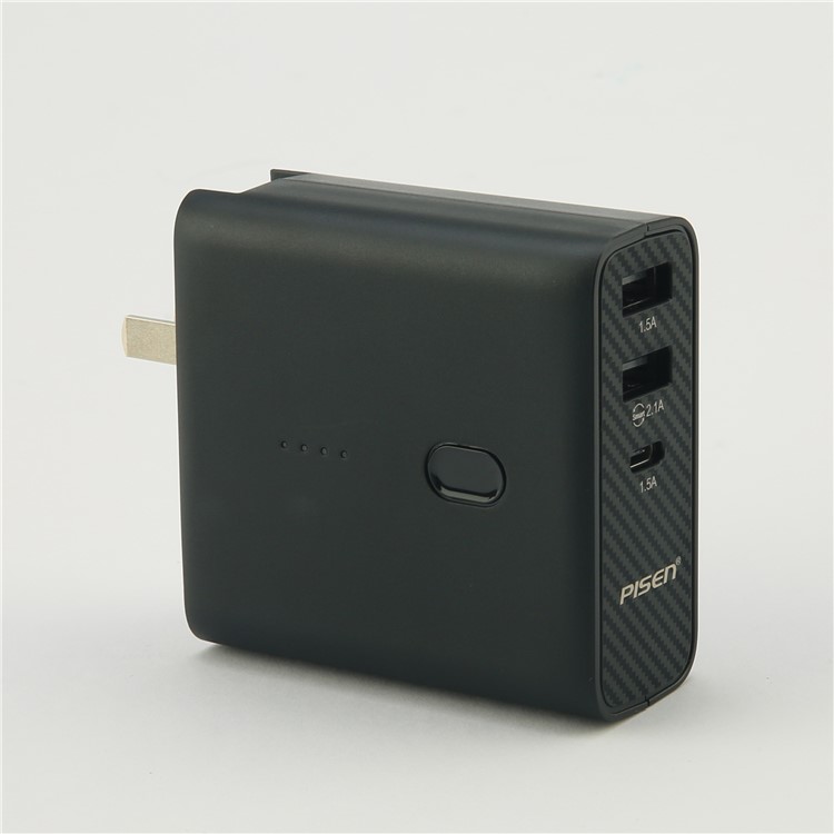 PISEN PowerCombo 2-in-1 Wall Charger + 5000mAh Power Bank with Dual USB and Type C Port - Black-2