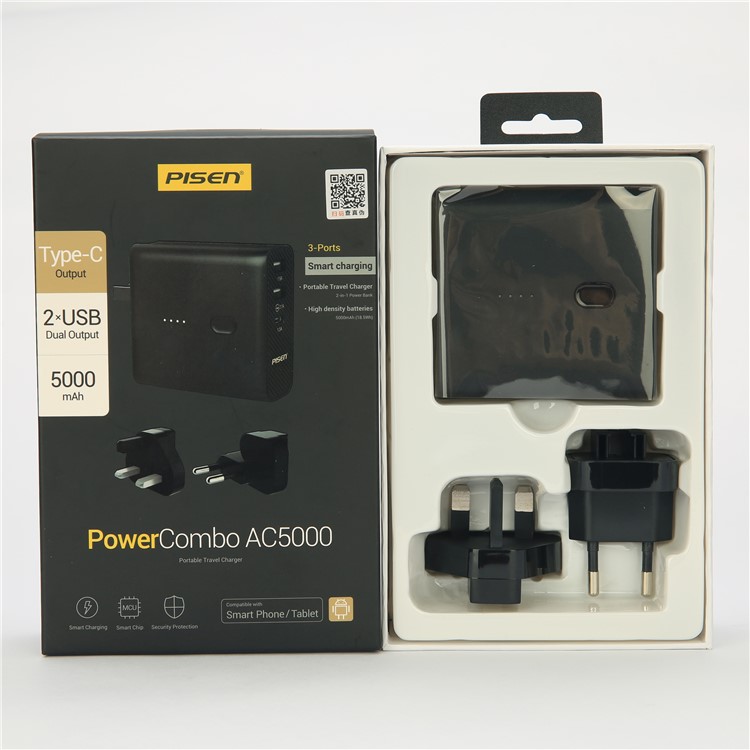 PISEN PowerCombo 2-in-1 Wall Charger + 5000mAh Power Bank with Dual USB and Type C Port - Black-22