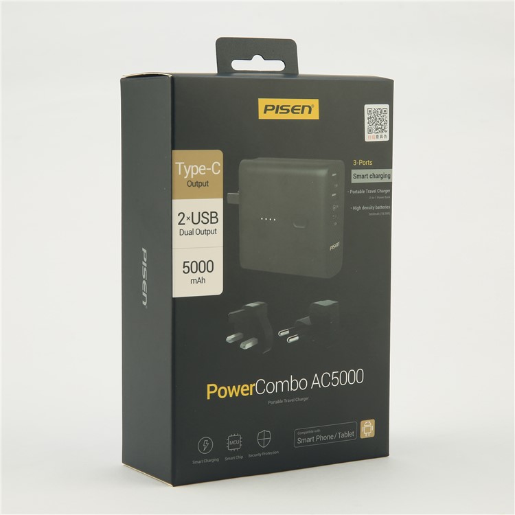 PISEN PowerCombo 2-in-1 Wall Charger + 5000mAh Power Bank with Dual USB and Type C Port - Black-23