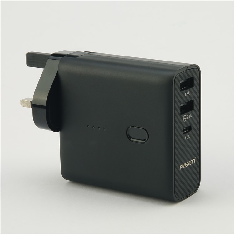 PISEN PowerCombo 2-in-1 Wall Charger + 5000mAh Power Bank with Dual USB and Type C Port - Black-3