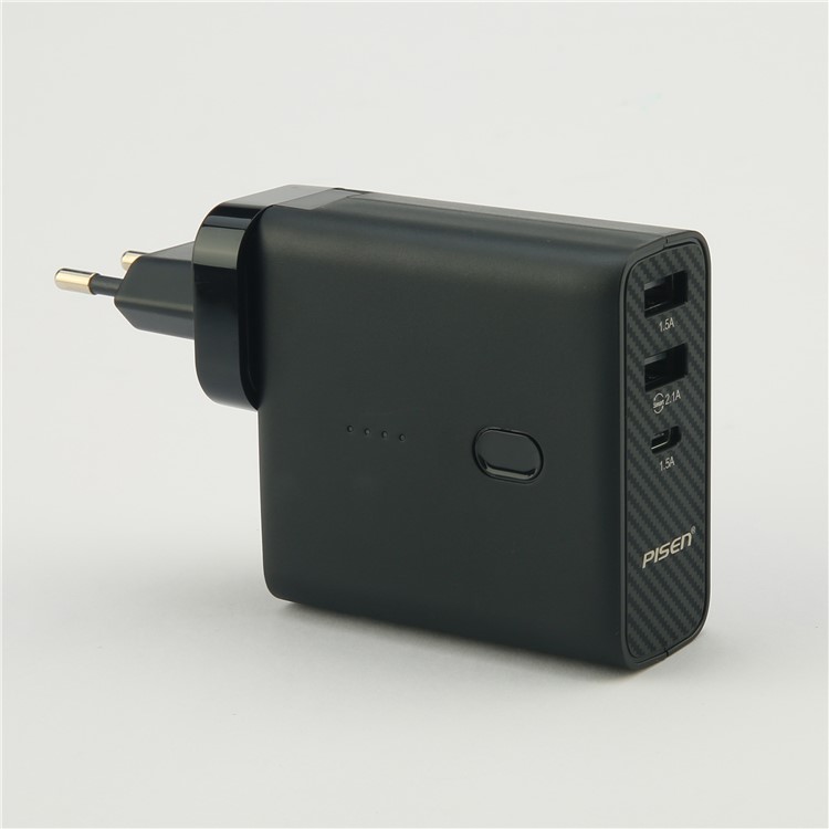PISEN PowerCombo 2-in-1 Wall Charger + 5000mAh Power Bank with Dual USB and Type C Port - Black-4