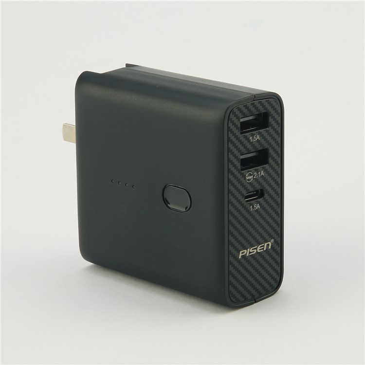 PISEN PowerCombo 2-in-1 Wall Charger + 5000mAh Power Bank with Dual USB and Type C Port - Black-5