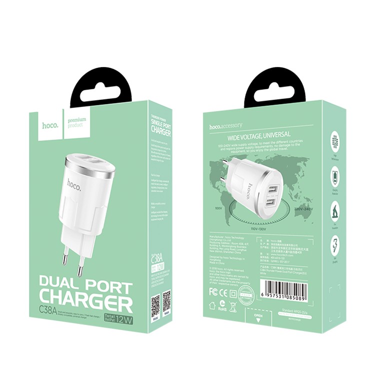 HOCO C38A Thunder Power Dual Ports USB Wall Charger Adapter - EU Plug-12