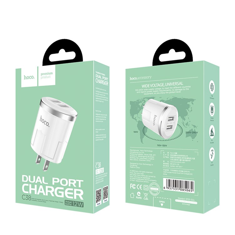 HOCO C38 Thunder Power Dual Port USB Wall Charger Adapter - US Plug-12