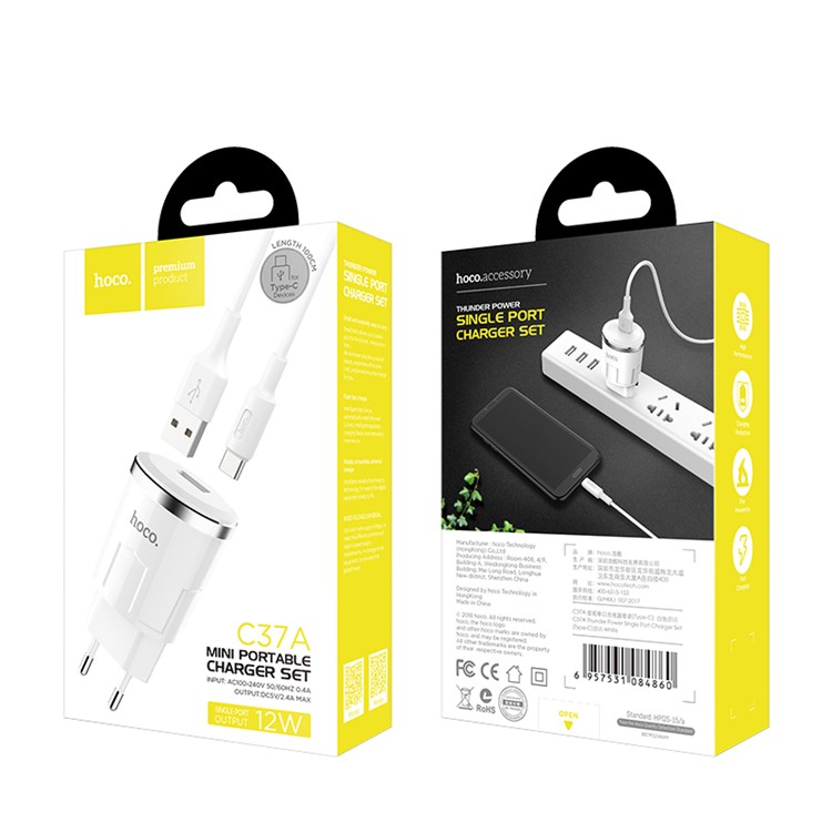 HOCO C37A Thunder Power Single Port USB Wall Charger + Type C Data Sync Charge Cable - EU Plug-12