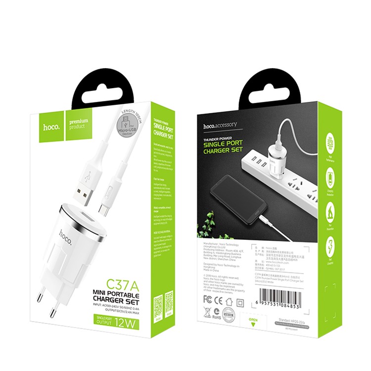 HOCO C37A Thunder Power Charger Set Micro USB Cable + Single USB Wall Charger - EU Plug-13