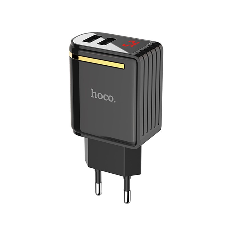 HOCO Enchanting C39A Dual USB Wall Charger Adapter with Digital Display for iPhone iPad Samsung Sony - EU Plug / Black-1