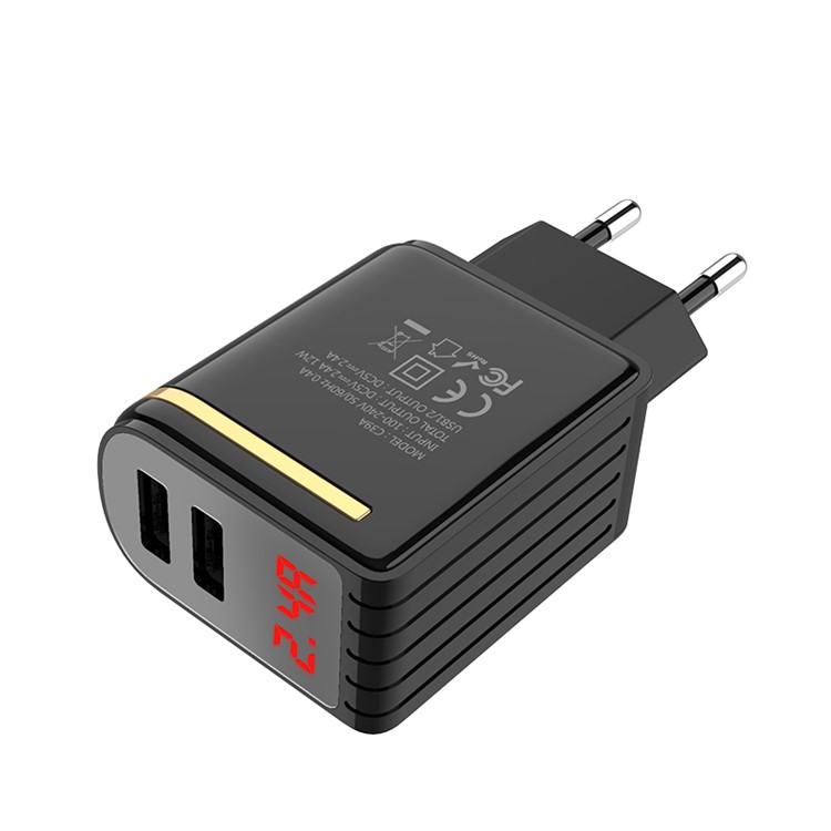 HOCO Enchanting C39A Dual USB Wall Charger Adapter with Digital Display for iPhone iPad Samsung Sony - EU Plug / Black-3