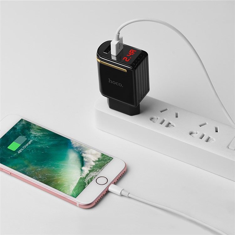 HOCO Enchanting C39A Dual USB Wall Charger Adapter with Digital Display for iPhone iPad Samsung Sony - EU Plug / Black-7