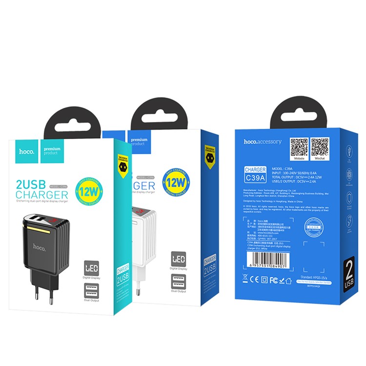 HOCO Enchanting C39A Dual USB Wall Charger Adapter with Digital Display for iPhone iPad Samsung Sony - EU Plug / Black-8