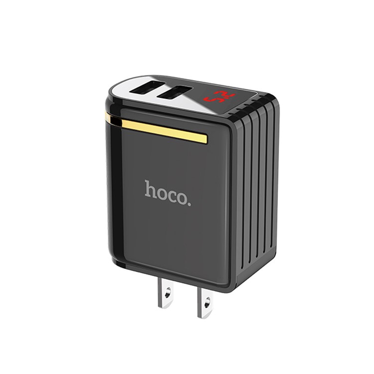HOCO Enchanting C39 Dual USB Ports Wall Charger Adapter with Digital Display for iPhone iPad Samsung Sony - US Plug / Black-1