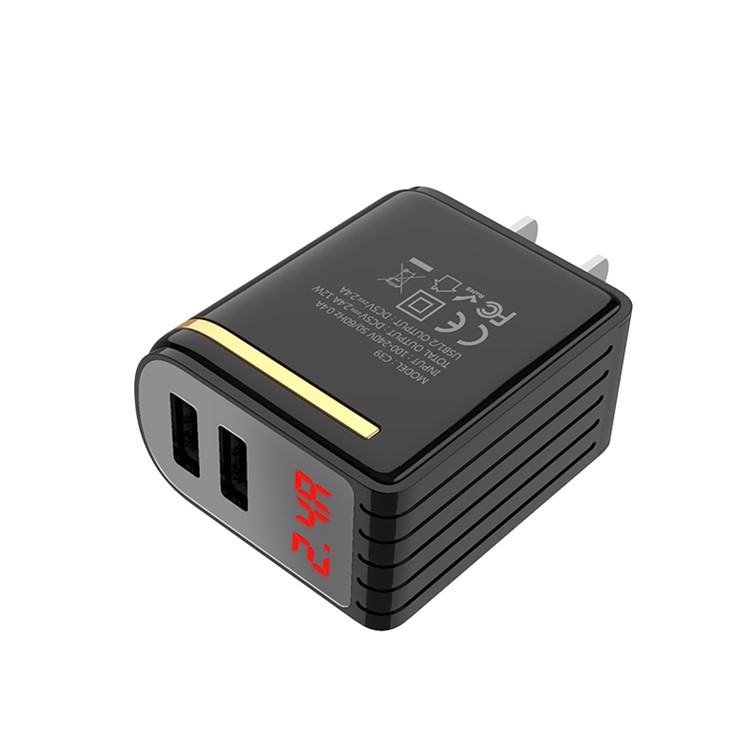 HOCO Enchanting C39 Dual USB Ports Wall Charger Adapter with Digital Display for iPhone iPad Samsung Sony - US Plug / Black-3
