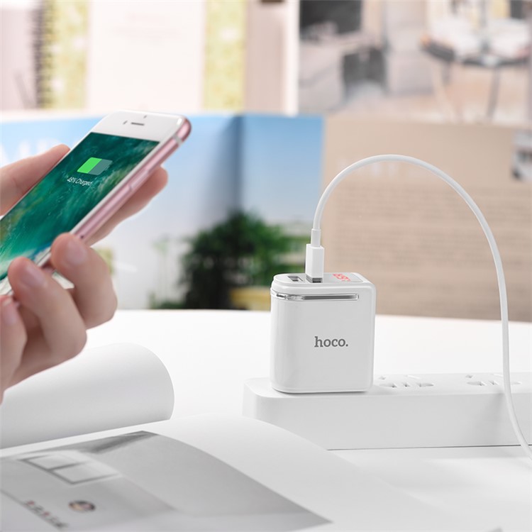 HOCO Enchanting C39 Dual USB Travel Wall Charger Adapter with Digital Display for iPhone iPad Samsung Sony - US Plug / White-6