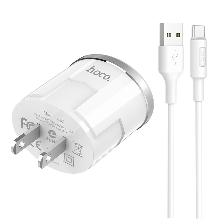 HOCO C37 Thunder Power Single USB Wall Charger + Type C Data Sync Charge Cable - US Plug-3