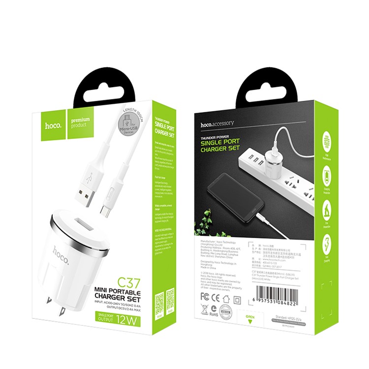 HOCO C37 Thunder Power Charger Set Micro USB Cable + Single USB Wall Charger - US Plug-12