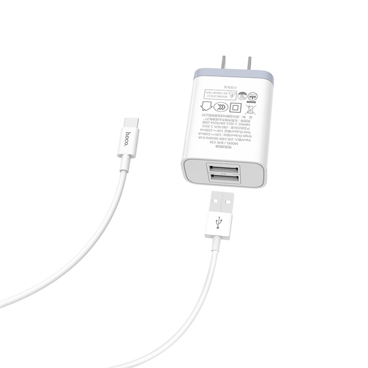 HOCO C50 Lustroso Afiado Carregador De Parede Dupla Porta USB + Tipo-c Conjunto De Carregamento De Cabo (certificação 3c) - Ficha CN-2