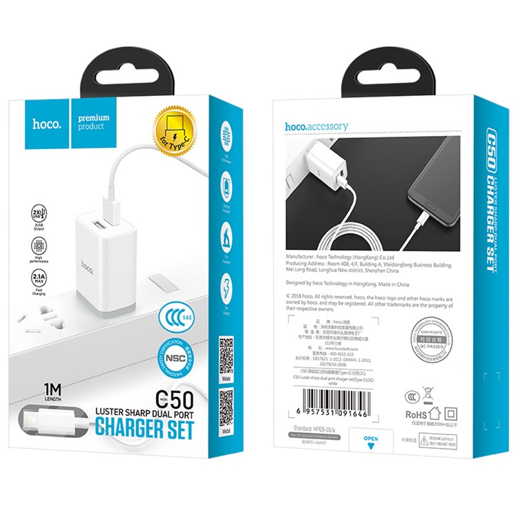 HOCO C50 Lustroso Afiado Carregador De Parede Dupla Porta USB + Tipo-c Conjunto De Carregamento De Cabo (certificação 3c) - Ficha CN-9