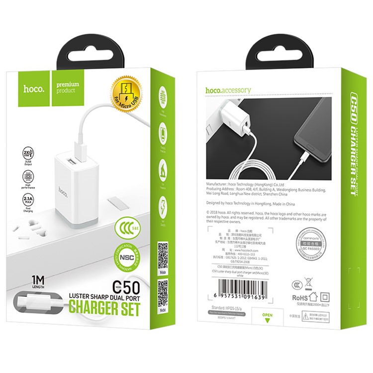 HOCO C50 Lustroso Afiado Carregador De Parede USB Dual Port + Conjunto De Carregamento De Cabo Micro USB (certificação 3c) - Ficha CN-9