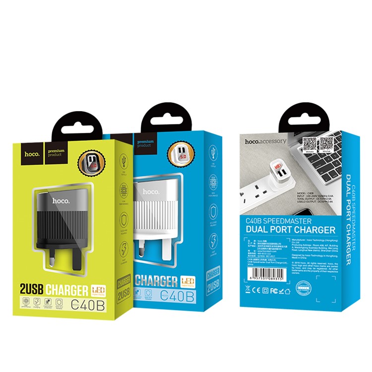 HOCO C40B Speedmaster Dual USB Wall Charger Adapter with Digital Display for iPhone iPad Samsung Sony - - UK Plug/White-6