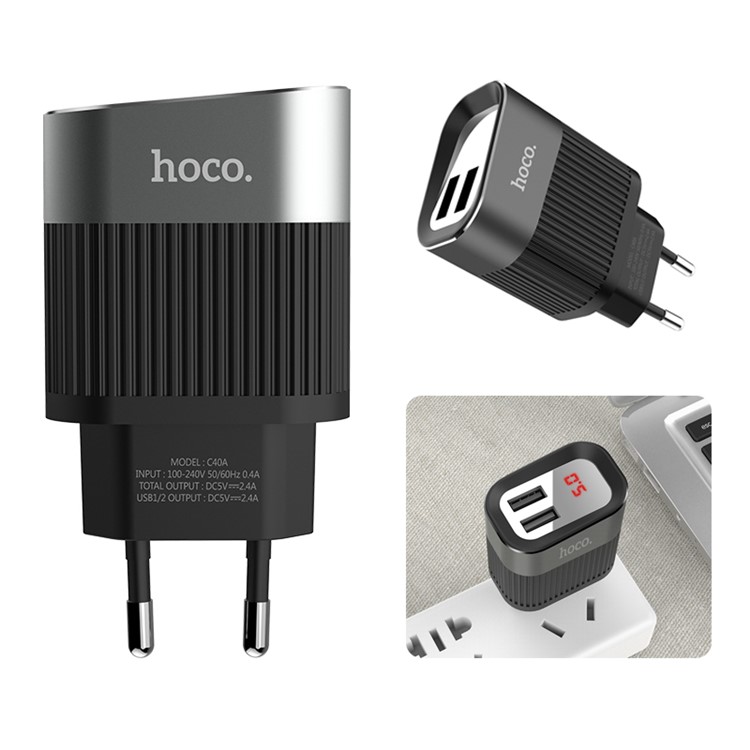 HOCO C40A Speedmaster Dual USB Wall Charger Adapter with Digital Display for Samsung Sony, etc - Black / EU Plug-1