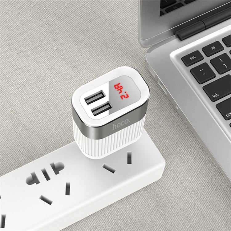 HOCO C40A Speedmaster Dual USB Wall Charger Adapter with Digital Display for Samsung Sony, etc - White / EU Plug-3