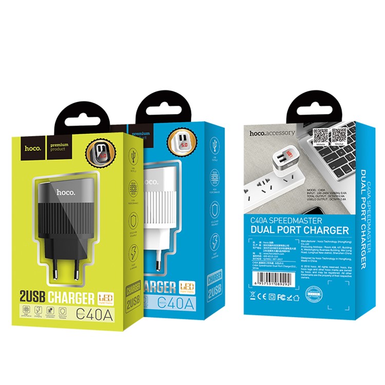 HOCO C40A Speedmaster Dual USB Wall Charger Adapter with Digital Display for Samsung Sony, etc - White / EU Plug-5