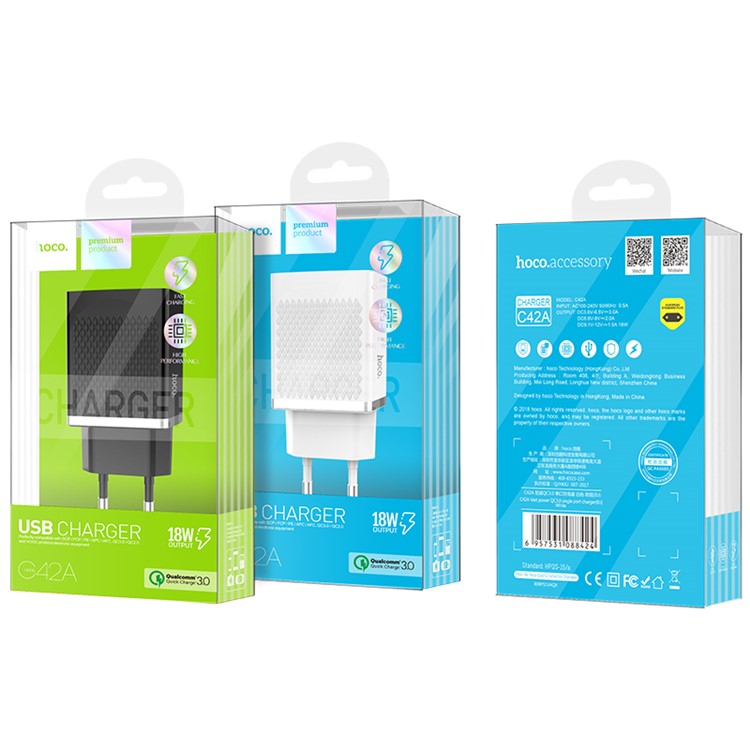 HOCO C42A Vast Power QC3.0 Single Port Wall Charger for Xiaomi iPhone Samsung etc Smartphones and Tablets - EU Plug/Black-6