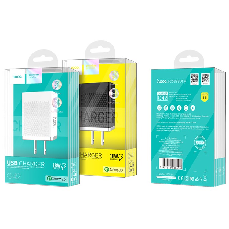 HOCO C42 Vast Power QC3.0 Single Port Wall Charger for Xiaomi iPhone Samsung, etc - White / US Plug-4