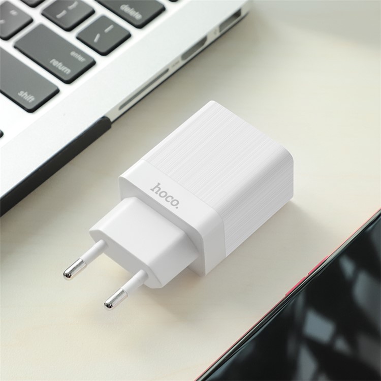 HOCO C51A Prestige Dual USB Ports Wall Charger Adapter - White / EU Plug-4