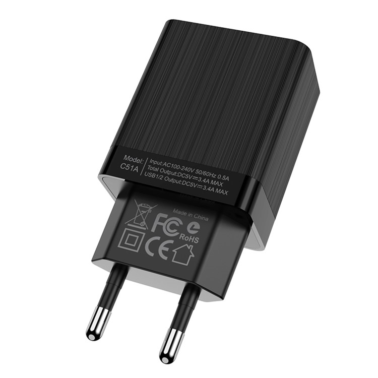 HOCO C51A Prestige Dual USB Ports Wall Charger Adapter - Black / EU Plug-4