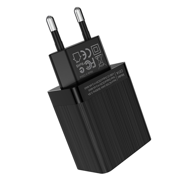 HOCO C51A Prestige Dual USB Ports Wall Charger Adapter - Black / EU Plug-5