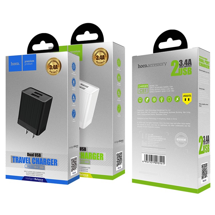 HOCO C51 Prestige Dual USB Ports Wall Charger Adapter US Plug - Black-8