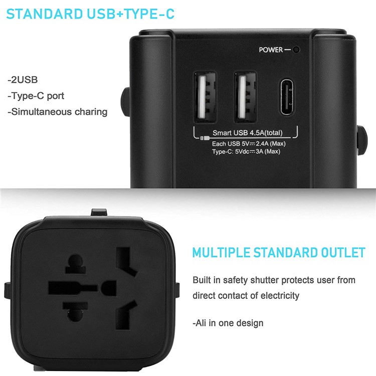 Multi-function High-power AC 4.5A USB+3A Type-C Port Wall Travel Charger Adapter Converter - Black-8