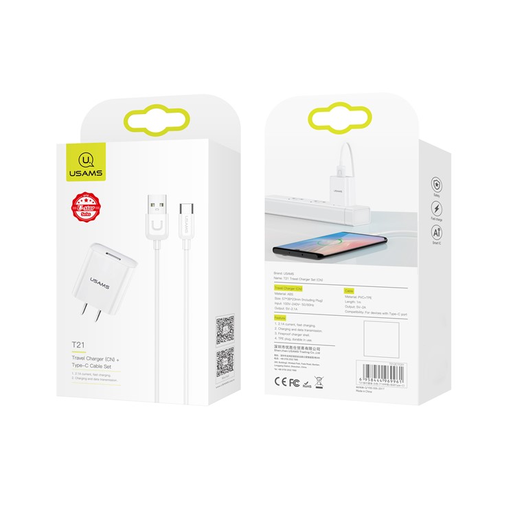 USAMS T21 2.1A Fast Charging Wall Phone Charger and Type-C Cable (US Plug)-2