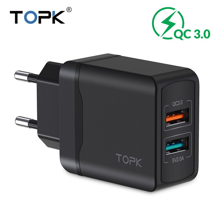 TOPK 2-port Intelligent Travel USB Charger 28W QC3.0 Fast Charging EU Wall Charger - Black-2