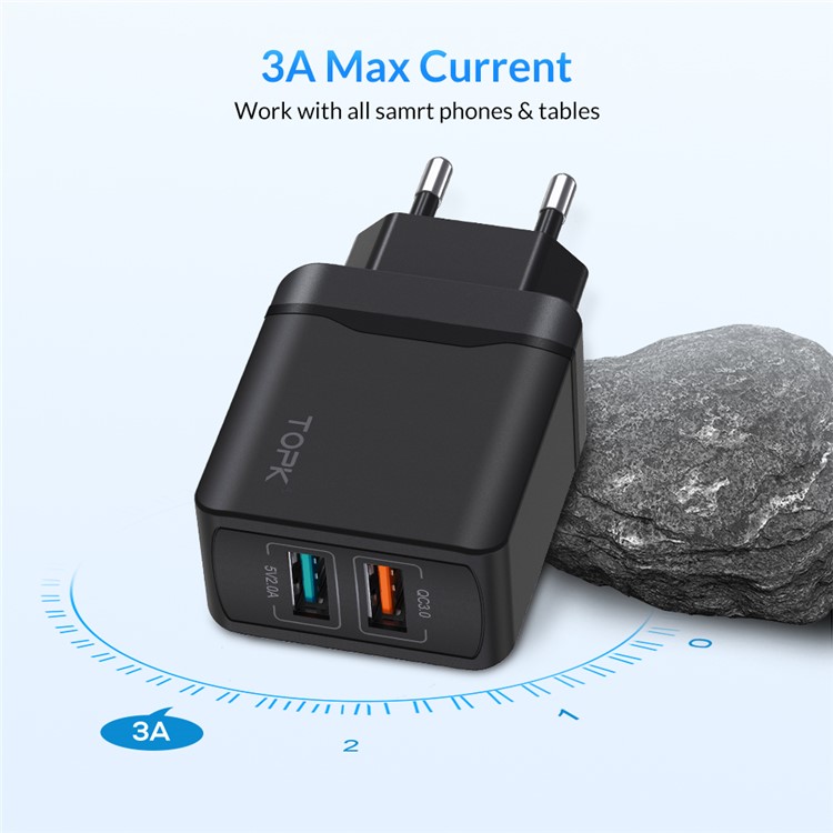 TOPK 2-port Intelligent Travel USB Charger 28W QC3.0 Fast Charging EU Wall Charger - Black-4