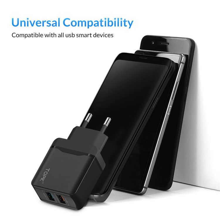 TOPK 2-port Intelligent Travel USB Charger 28W QC3.0 Fast Charging EU Wall Charger - Black-5