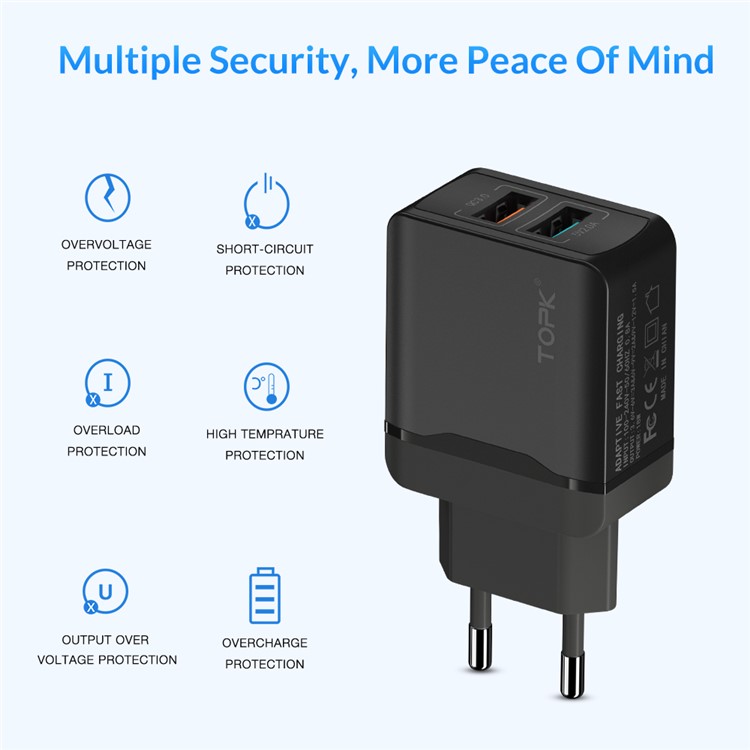 TOPK 2-port Intelligent Travel USB Charger 28W QC3.0 Fast Charging EU Wall Charger - Black-6
