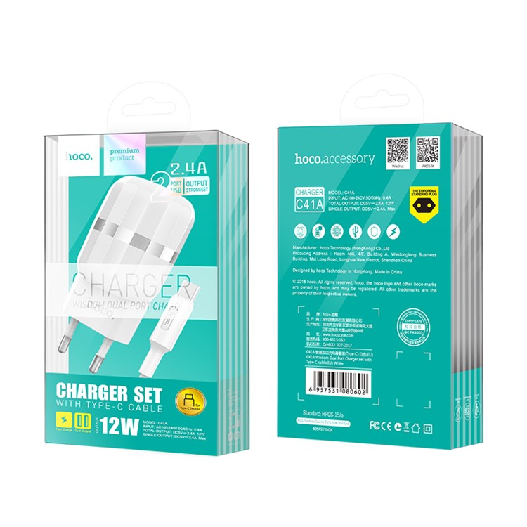 HOCO C41A Double Ports USB Wall Charger + Type-C Charging Cord Set - EU Plug-11