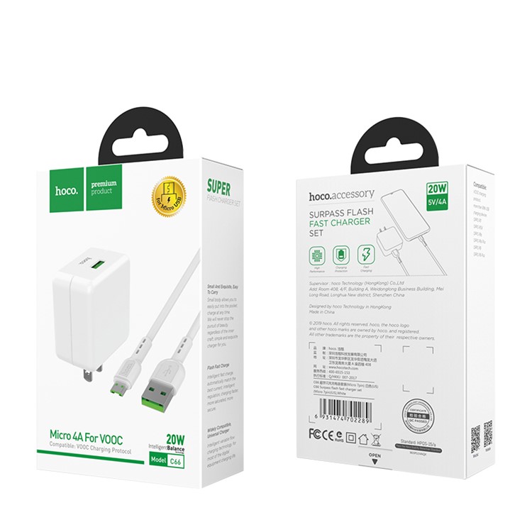 HOCO C66 Surpass Flash Fast Charge USB Wall Charger + Micro 4A Charging Cable Set - US Plug-8