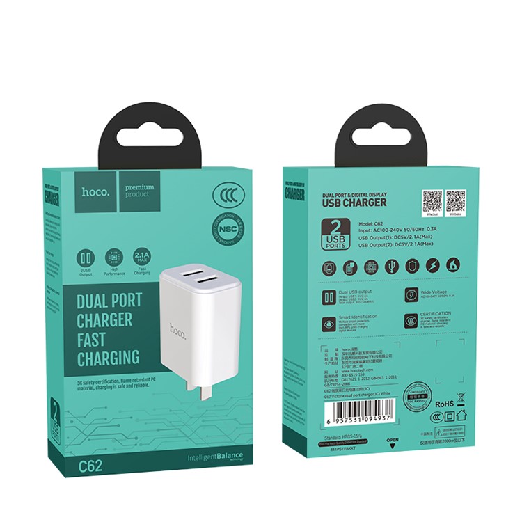 HOCO C62 VICTORIA Dual USB Ports Travel Charger US Plug (CCC Certificated) - White/US Plug-10