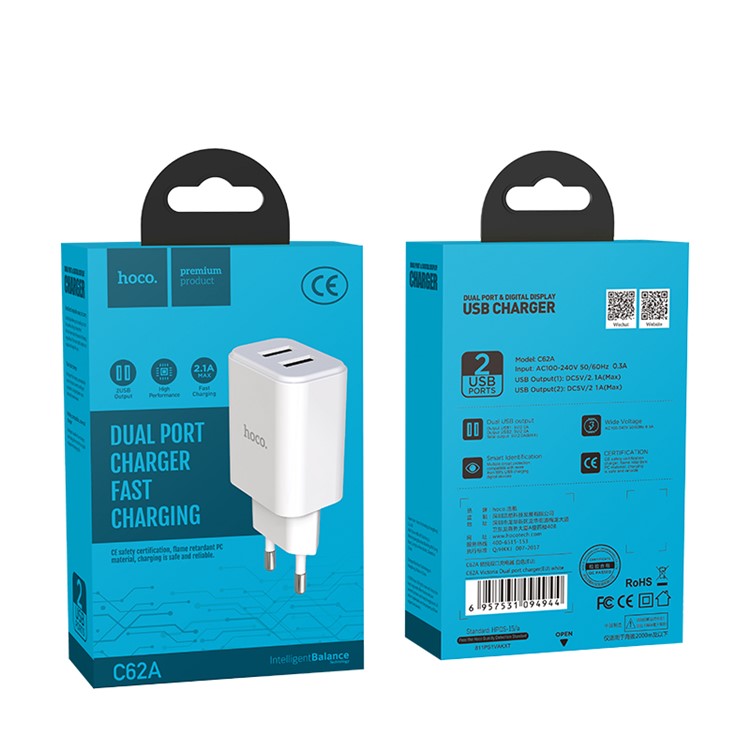 HOCO C62A VICTORIA Dual USB Ports Travel Charger EU Plug - White/EU Plug-11