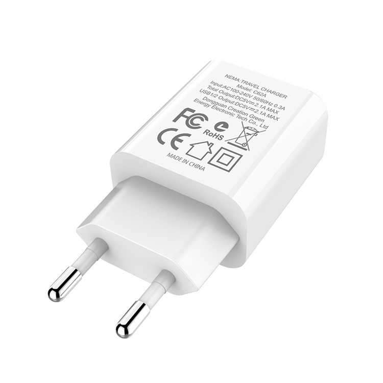 HOCO C62A VICTORIA Dual USB Ports Travel Charger EU Plug - White/EU Plug-6