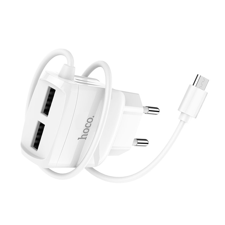 HOCO C59A MEGA JOY Double Ports Charger Set Micro Cable EU Plug - White/EU Plug-2