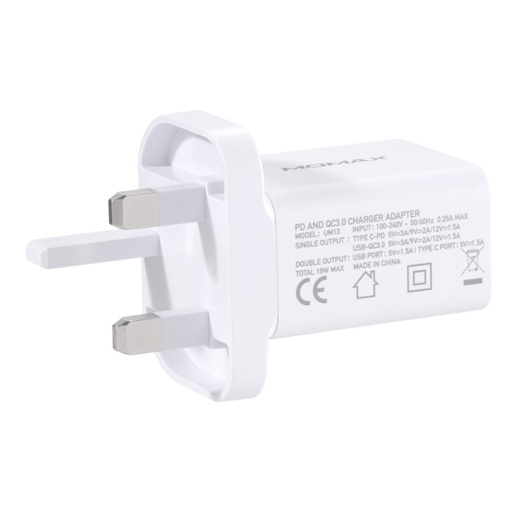 MOMAX Universal Phone Power Adapter USB Type-C PD + QC 3.0 18W Wall Charger UK Plug - White-4