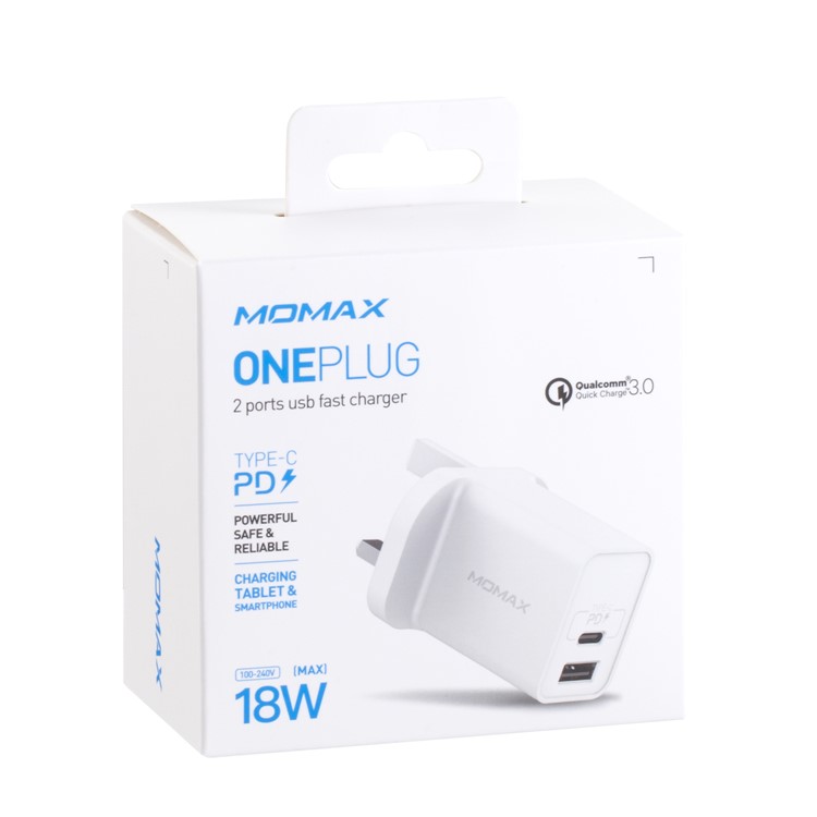 MOMAX Universal Phone Power Adapter USB Type-C PD + QC 3.0 18W Wall Charger UK Plug - White-5