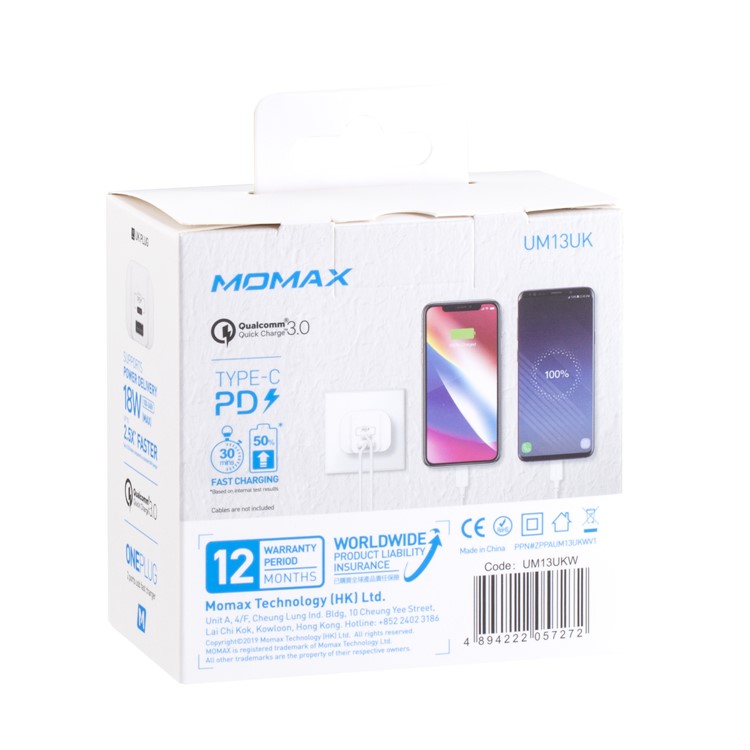 MOMAX Universal Phone Power Adapter USB Type-C PD + QC 3.0 18W Wall Charger UK Plug - White-6