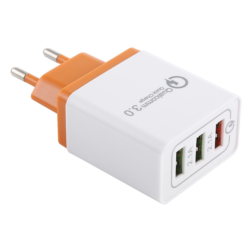 AR-QC-03 2.1A Fast Charger Travel USB Wall Charger Adapter with 3 Ports - Orange, EU Plug-1