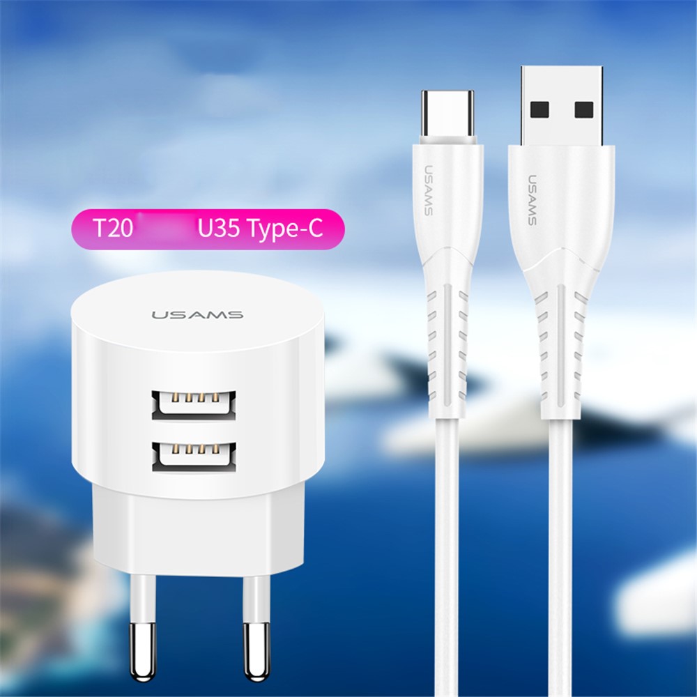 USAMS Dual-ports USB Round Travel Ladegerät + Typ-c-daten Synchronisieren Ladekabel Für Huawei Samsung - EU -stecker