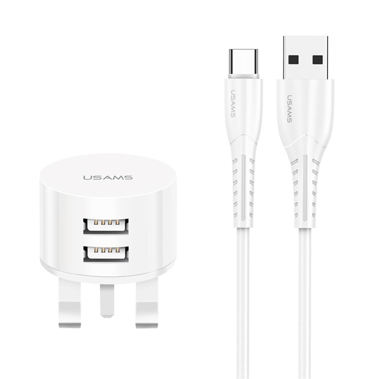 USAMS Dual Ports USB Round Travel Charger + Type-C Data Sync Charging Cable for Huawei Samsung - UK Plug-1